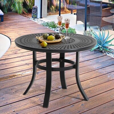 OKIDA 35.4'' Outdoor Patio Bistro Table Patio Bistro Square Dining Table Cast Aluminum Bistro Table with Umbrella Hole Weather Resistant 35.4 Round Table 