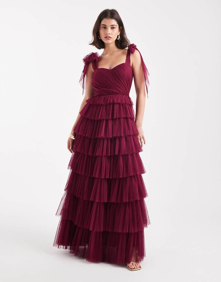 Lace & Beads Bridesmaid bow shoulders tulle maxi dress in fig