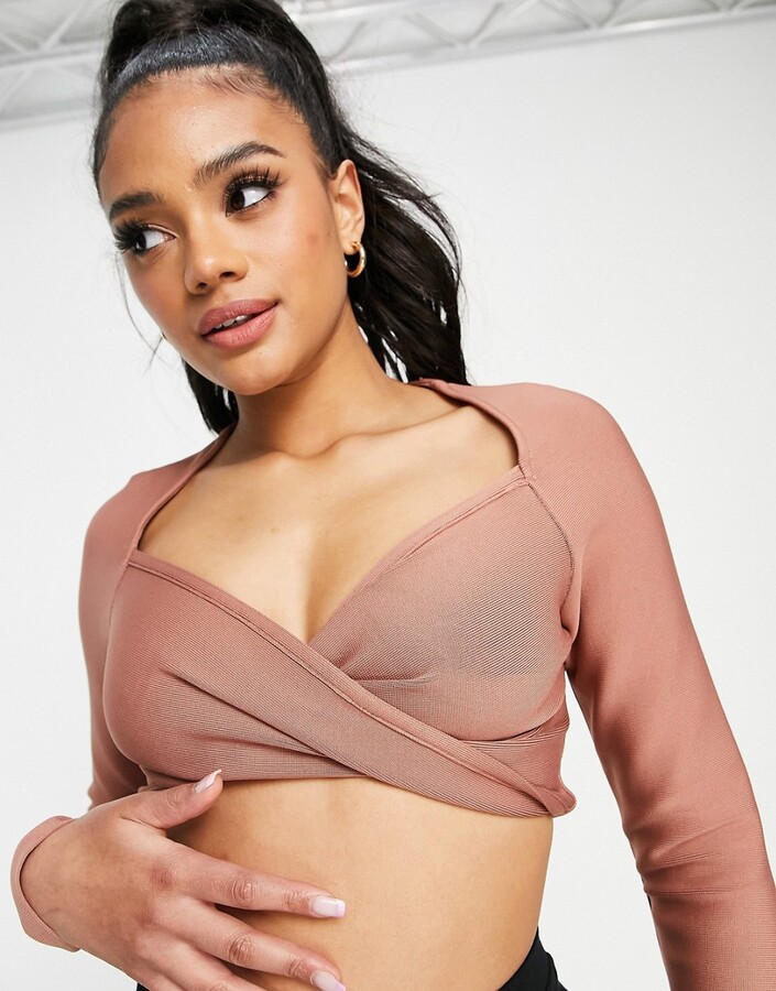 Band Of Stars premium bandage twist front log sleeve crop top in tan -  ShopStyle