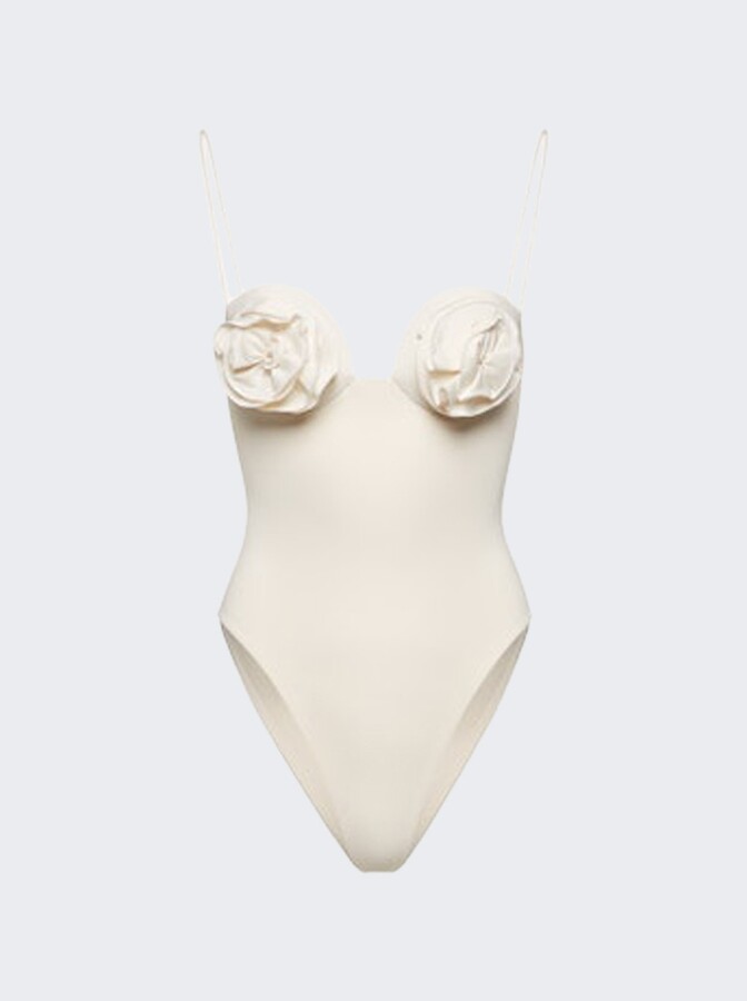 3d Flower Retro Bustier Swimsuit Cream