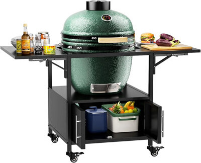 PlywoodPath Outdoor Metal Grill Table For Big Egg Style Bbqs Featuring Foldable Side Panels Supports Large And Similar Grills Heavy - Duty Iron Build Spacious