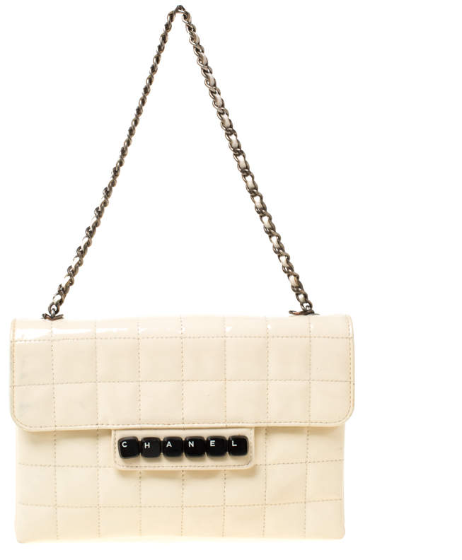 Chanel Cream Chocolate Bar Quilted Patent Leather Keyboard Flap Bag