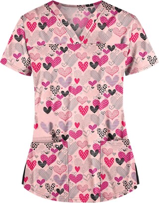 YAAY Women Lovely Scrub Tops with Pocket Fashion Printed Nursing Scrubs Short Sleeve V-Neck T-Shirt Heart Elephant Dog Monkey Pattern 