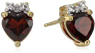 18k Yellow Gold Plated Sterling Silver Genuine Garnet and Diamond Accent Heart Stud Earrings