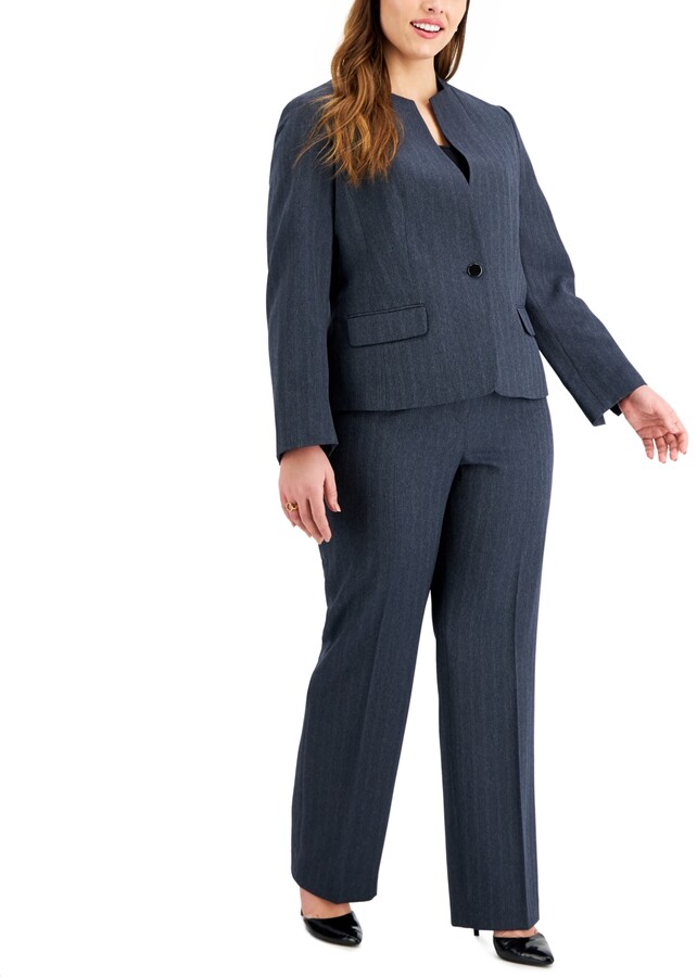 Le Suit Plus Size One-Button Collarless Straight-Leg Pantsuit - ShopStyle