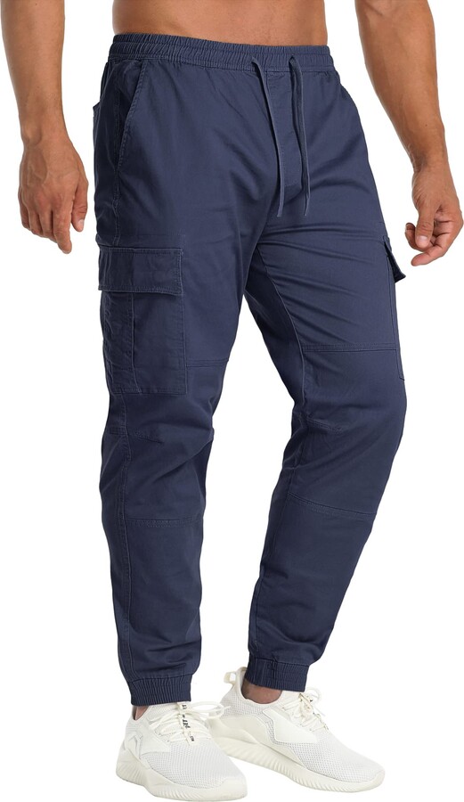 Men's Casual Work Trousers with Flap Pockets Cotton Combat Cargo Pants Elastic Waist