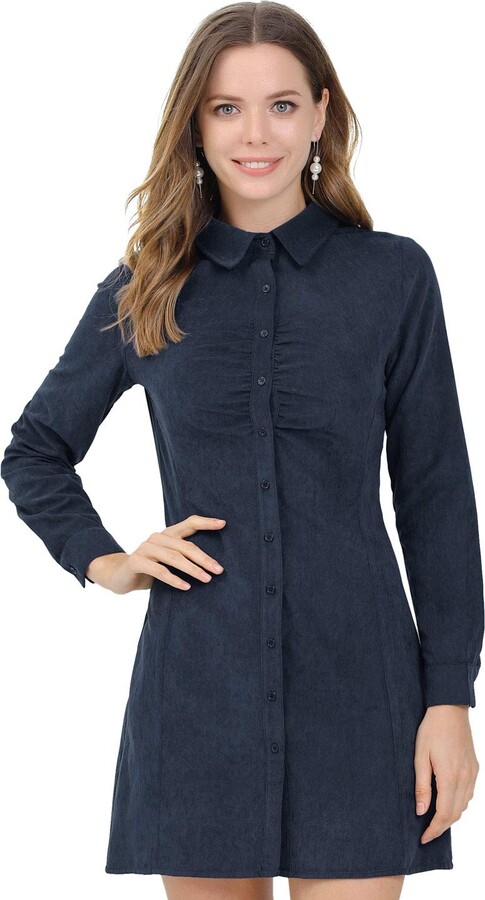 Allegra K Women's Casual Shirt Dress Long Sleeve Button Up Mini Dresses  Navy Blue 16 - ShopStyle