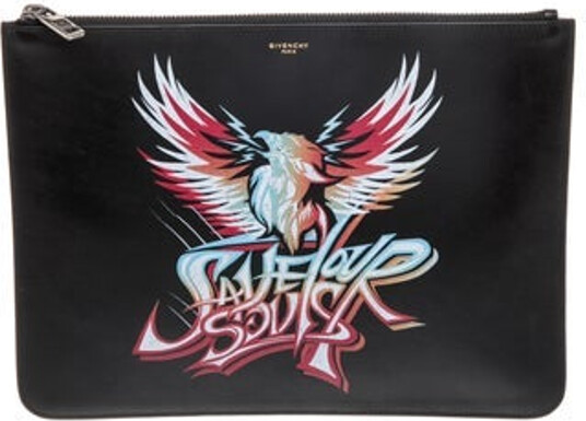 Givenchy Clutch Black Leather Graphic Print Silver-Tone Hardware Leather Lining Zip Closure at Top Includes Dust Bag Unfortunately, due to restrictions, this item may not be eligible for shipping in all areas.