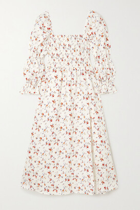 Reformation Hyland Smocked Floral-print Linen Midi Dress - Cream