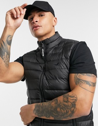 hollister hooded puffer jacket icon logo in black