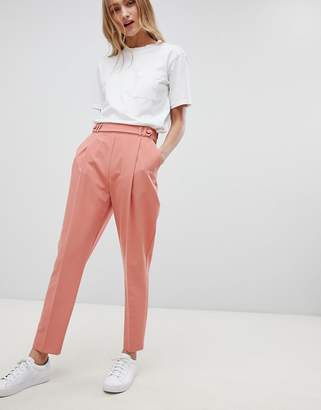 ASOS Design DESIGN Tailored Pleat Front High Waist Tapered Trouser With Button & Tab Detail