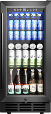 Euhomy 15'' W 3.2 Cu Ft 130 Cans Beverage Refrigerator - Freestanding/Built-In/Under Counter Cooler With Tempered Glass Door & Reversible Handle, Stor