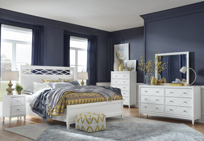 Latitude Run Upholstered Panel Bed 2 Door Nightstands Double Drawer Dresser With Landscape Mirror And Drawer Chest