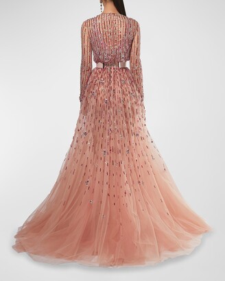 GEORGES HOBEIKA Plunging Degrade Beaded Tulle Gown