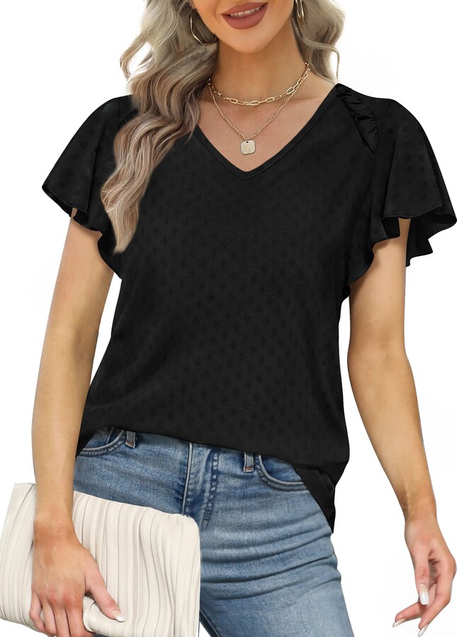 Geifa V Neck T Shirts for Women Black Flutter Sleeve Tops Business Casual  Outfits S - ShopStyle