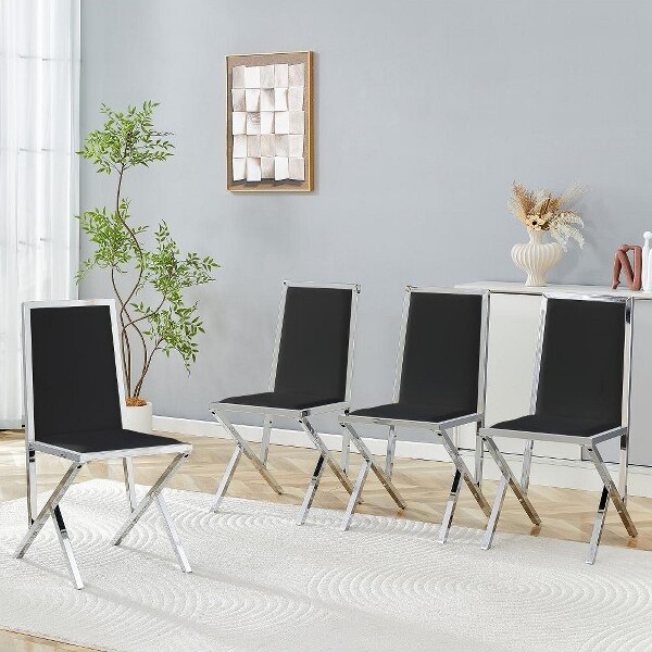 KTMBDWModernDiningChairsSetof4PULeatherKitchen&DiningRoomChairUpholsteredDiningChairSideChairwithSilverFinishMetalFrameBlack