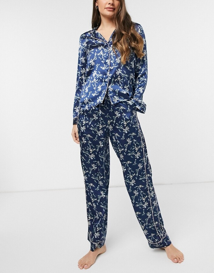 Vero Moda satin pajama set in navy floral print - ShopStyle