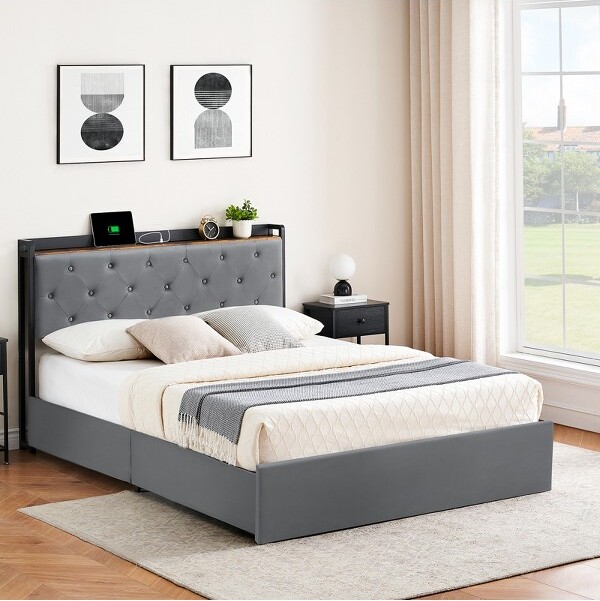 SunnyFurn Full-sizevelvetbedframewithfourstoragedrawersandUSBchargingstationsuitableforthebedroom.