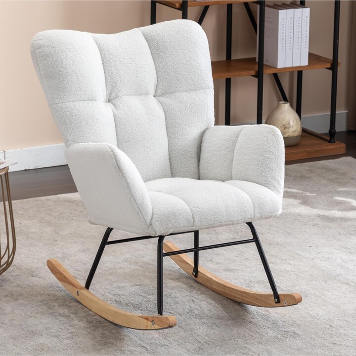 Flynama Ivory Teddy Fabric Nursery Rocking Glider Chair with Wooden Frame Metal Base Rocking Legs 250 Lbs Capacity for Living Room Bedroom