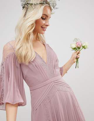 ASOS Design DESIGN pleated panelled flutter sleeve maxi dress with lace inserts