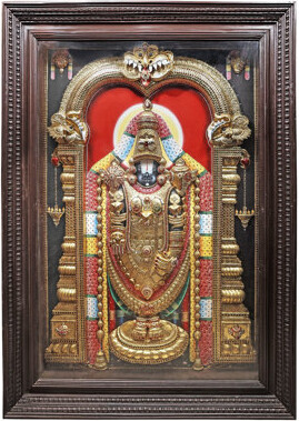 Exotic India Super Fine Lord Venkateshvara As Balaji Tanjore | Traditional Colors With 24K Gold | Teakwood Frame