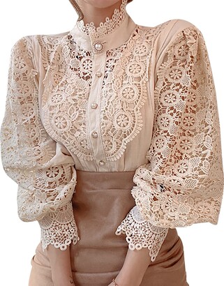 Febbabe Women Blouses 3/4 Lace Hollow Out Ruffle Sleeve Ladies Flower  Patchwork Button Down Tunic Tops Vintage Stand Collar Loose Puff Blouse  White XL - ShopStyle