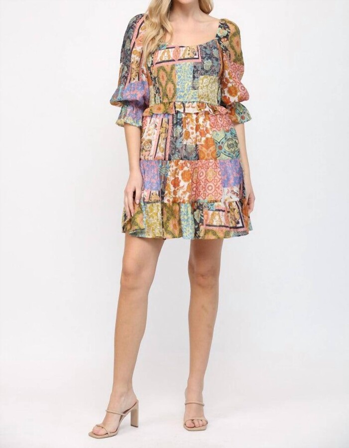 Fate Patch Work Print Smocked Bodice Dress In Orange Mixed Print