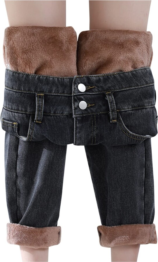 Generic Womens Fleece Lined Jeans Pants Plush Warm Loose Thickened
