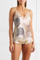 Thumbnail for your product : Carine Gilson Chantilly Lace-trimmed Floral-print Silk-satin Camisole - Blush
