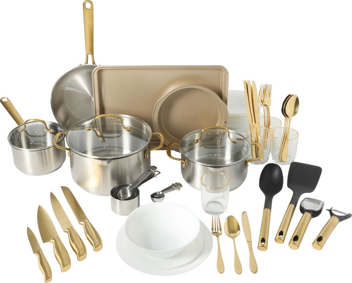 Gibson Home 55-Piece Cookware Set with Stainless Steel Pots & Pans, Cooking Pans, Nonstick Bakeware & Cooking Utensils Set, Gold Handles