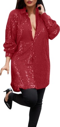 Generic Womens Oversized Longline Sequin Shirt Fashion Long Sleeve