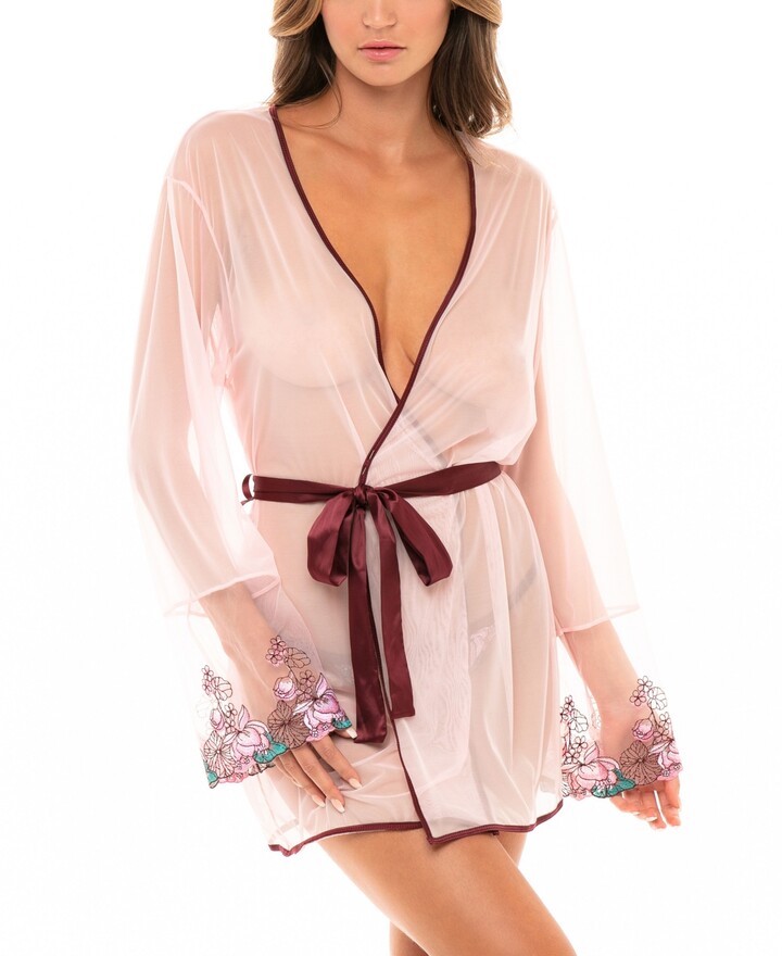Oh La La Cheri Women's Mesh Robe with MultiColored Embroidered Trim