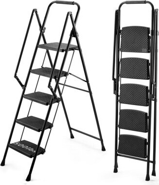 Latitude Run 5-Step Ladder, Folding Ladder Stool, With Anti-Slip Wide Pedals, Steel Ladder, With Safety Anti-Slip Handle, Lightweight 300 Pound Portable Steel Ladd