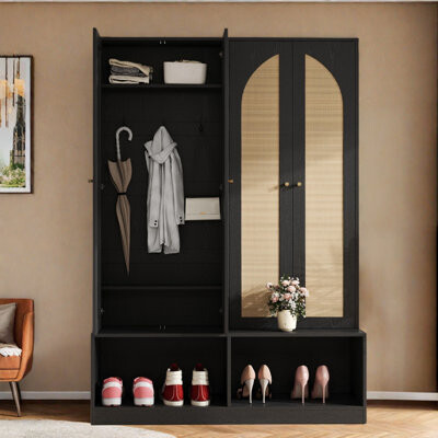 Farmhouse Widen Hall Tree With 4 Rattan Doors, Seating Bench, 6 Hooks And Shoe Cabinet