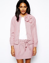 Thumbnail for your product : Love Moschino Cotton Zip Front Bomber Jacket with Bow Tie in Tiny Gingham - Red check