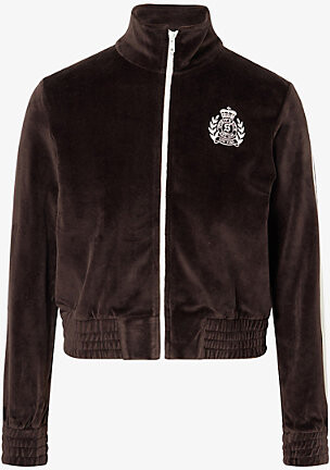 Sporty & Rich Womens Chocolate Farm Embroidered-Logo Cotton-Velvet Track Jacket S