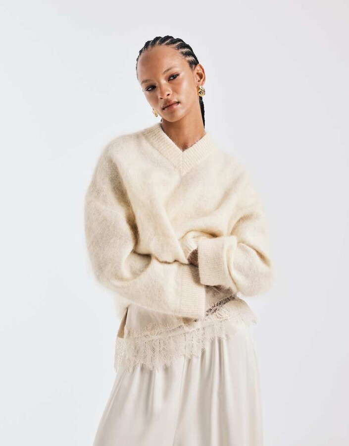 ASOS DESIGN premium mohair blend wide sleeve sweater with v neck in buttermilk