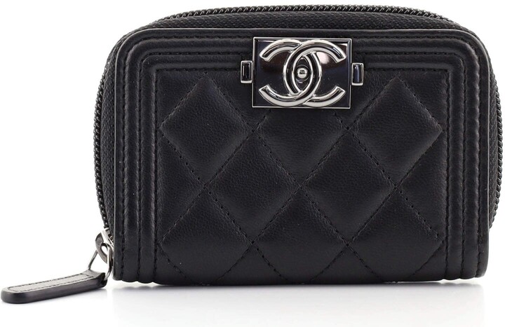 Authentic NEW Chanel Black Quilted Caviar Leather Boy Small Zip Around  Wallet