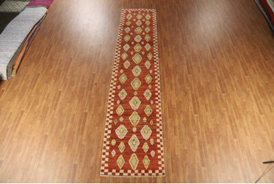 Isabelline Orange Wool Handmade Moroccan Oriental Runner Rug 3x16