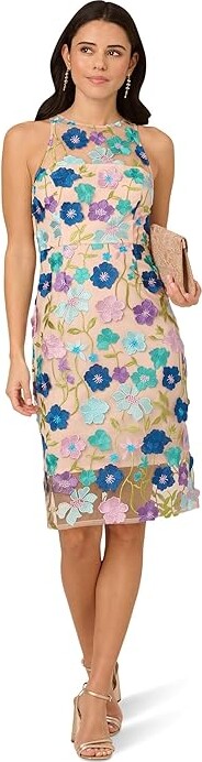 Adrianna Papell Embroidered Column Midi Dress Women's Dress Blue : 14, Polyester