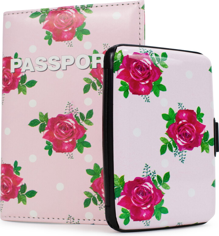 Miami CarryOn RFID Protected Wallet and Passport Cover Set (Polka Roses)