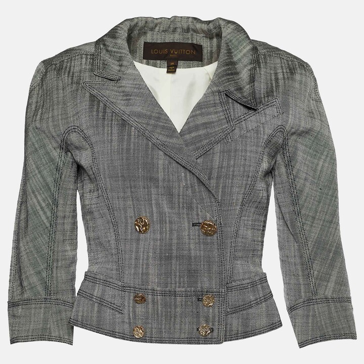 Louis Vuitton Grey Textured Silk Double Breasted Cropped Blazer S