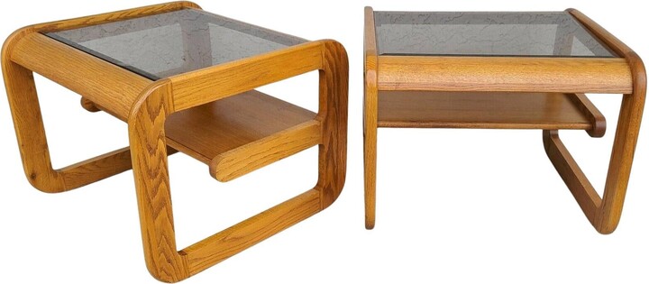 1970's Mcm Hodges Mersman Oak Smoked Glass End Tables, Set Of 2