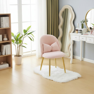 Latitude Run Pink Terry Cloth Dressing Table And Chair With Backrest And Cushion, Adjustable Gold Legs Without Wheels, Compact And Comfortable, Suitable For Small