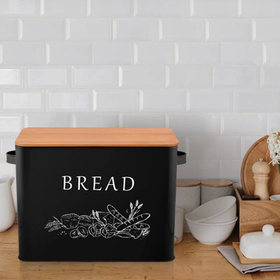 August Grove Bread Box With Wooden Lid 13.1” X 7.2” X 9.7” Metal Bread Container Storage Holder For Family Farmhouse Kitchen Countertop Powder-Coated & Healthy