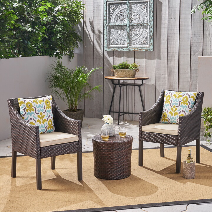 Philip Outdoor 3 Piece Wicker Chat Set with Cushions, Multibrown, Beige