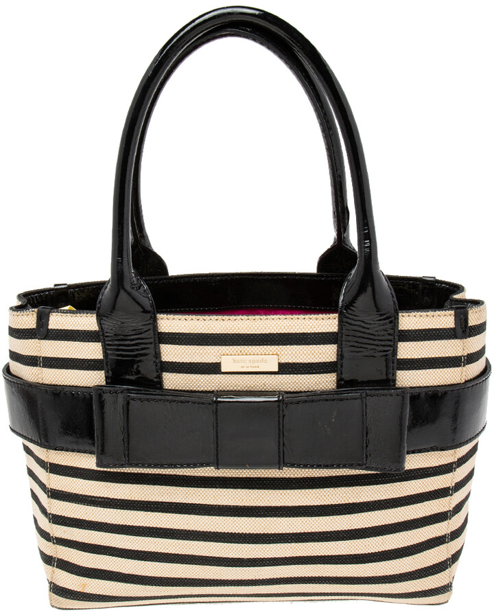 Kate Spade Black/Beige Striped Canvas and Patent Leather Bow Tote -  ShopStyle