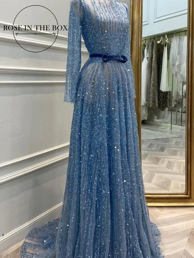 ROSE IN THE BOX ROSEINTHEBOX Customized Zircon Beading Evening Dresses Sheer-neckl Velvet Belt Long Sleeve Maxi Empire A-line Skirt Prom Dress