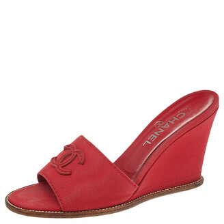 Chanel Red Canvas CC Wedge Slide Sandals Size 38.5 - ShopStyle