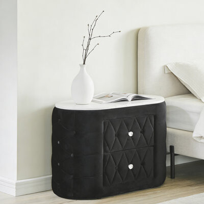 Ebern Designs 1pc Oval Faux Marble Top Nightstand 2- Drawers Storage Black Finish Button Tufted Faux Crystal Tufted